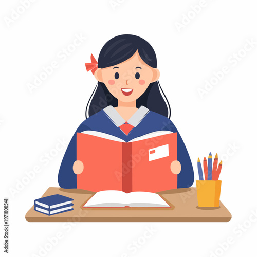 ノートを開いて勉強する女の子のイラスト 教育・学習塾