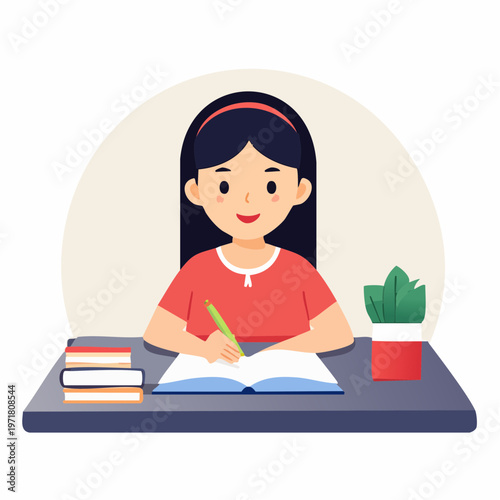 ノートを開いて勉強する女の子のイラスト 教育・学習塾