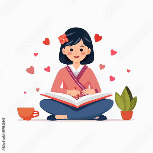 ノートを開いて勉強する女の子のイラスト 教育・学習塾