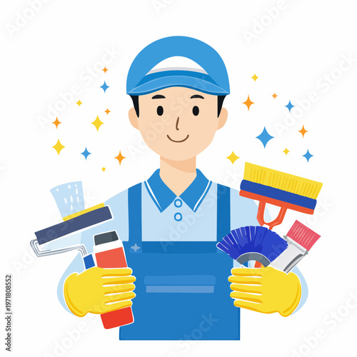 清掃用具を持つ清掃員の男性のイラスト ハウスクリーニング・清掃業