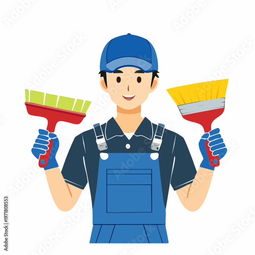 清掃用具を持つ清掃員の男性のイラスト ハウスクリーニング・清掃業