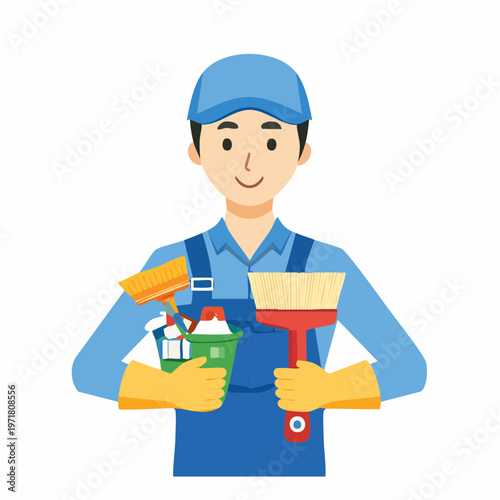 清掃用具を持つ清掃員の男性のイラスト ハウスクリーニング・清掃業