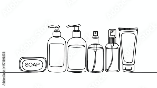 Line art illustration of personal hygiene and beauty products with soap bar and bottles with lotion bottle with spray bottle with cream tube