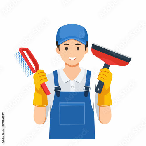 清掃用具を持つ清掃員の男性のイラスト ハウスクリーニング・清掃業