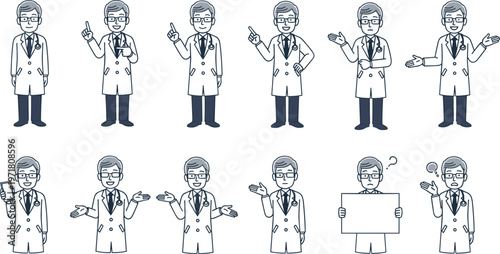 Doctor character vector illustration set featuring medical professional gestures explaining pointing presenting holding board healthcare cartoon collection isolated