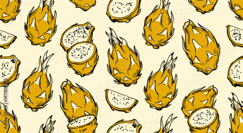 Vintage yellow dragon fruit seamless pattern