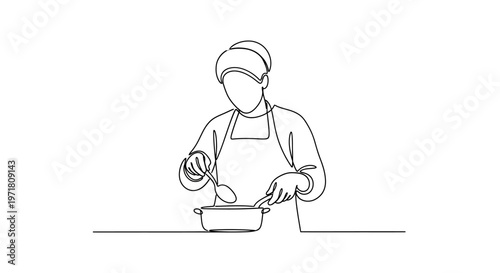 Chef Cooking Food in Pot with Spoon, Continuous Line Drawing