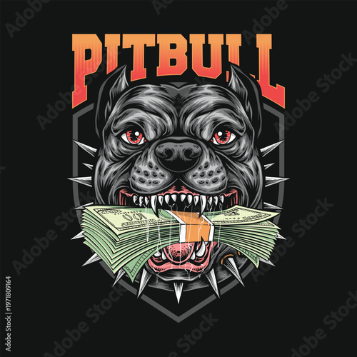 Angry Pitbull Dog with Money Vector Illustration