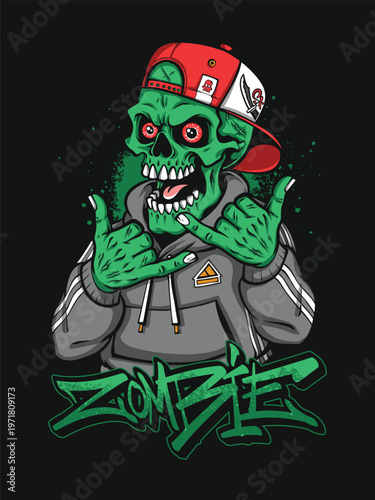 Graffiti Zombie Skull with Snapback Mascot Illustration