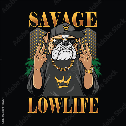 Cool Bulldog with Sunglasses and Gold Chain Streetwear Design