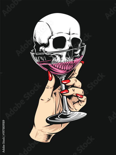Skull in wine glass vector illustration