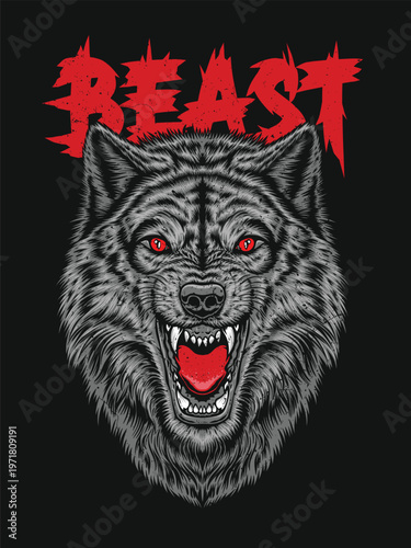 Angry Wolf Head with Red Eyes Illustration