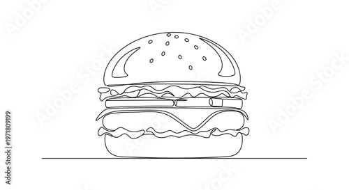 Minimalist line art drawing of a delicious cheeseburger on a white background