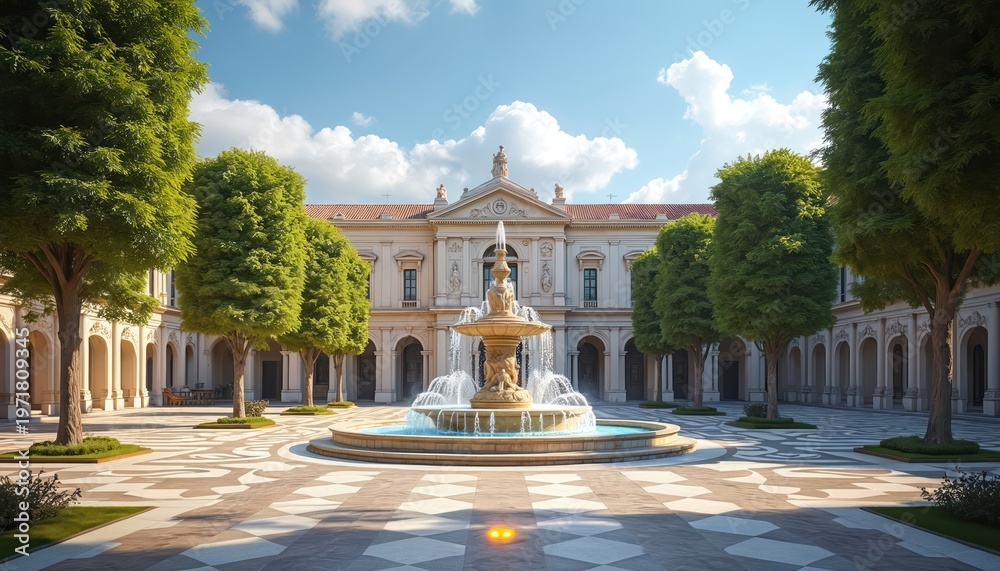 Obraz premium Grand ornate fountain sits center of historic plaza courtyard. Trees line arcade walkways. Building facade shows classical renaissance architecture. Sunny day, blue sky with clouds.