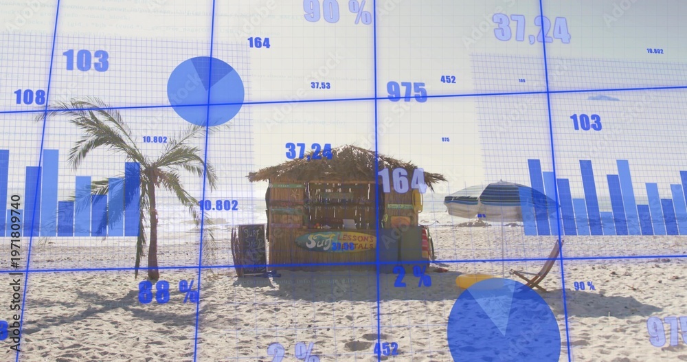 Fototapeta premium Standing thatch beach shack casting shadow on sandy shore, with palm trees, boat and blue charts