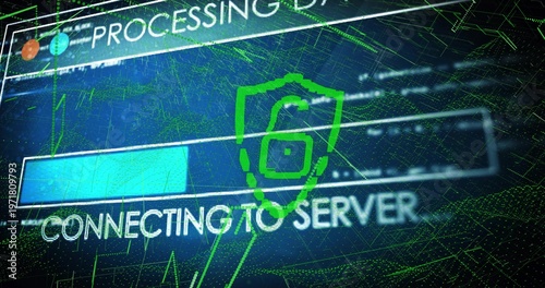 Displaying UI showing CONNECTING TO SERVER on neon grid, with cyan bar and green padlock shield