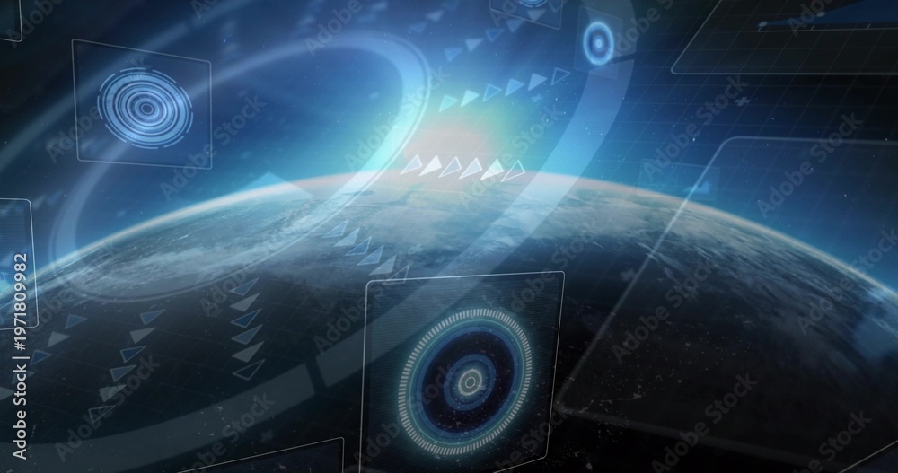 Fototapeta premium Scanning Earth hemisphere from low orbit, HUD overlaying concentric reticles, ringed targets