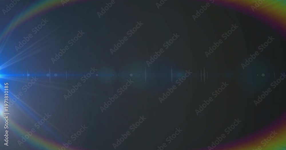 Fototapeta premium Showing blue-white flare at left on black field, with radial spikes and lens ghosts, copy space