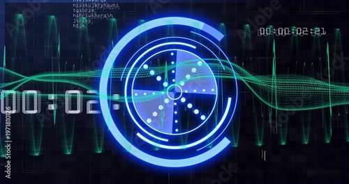 Displaying central neon-blue concentric HUD on virtual control panel, showing green waveform lines