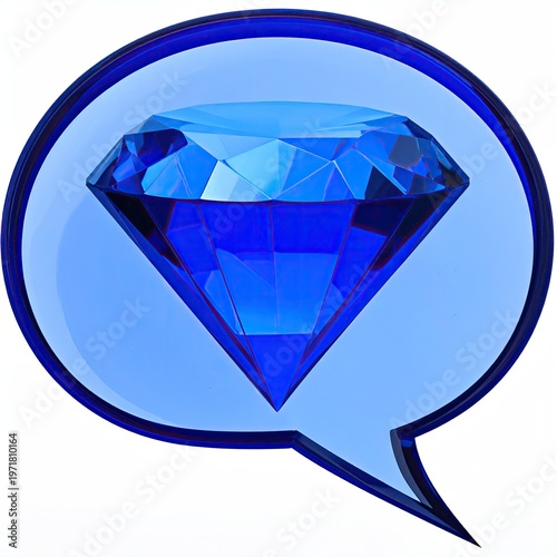 Blue transparent speech bubble with faceted diamond inside perfect for communication conversation or chat designs and layouts