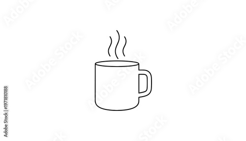 Steaming Hot Coffee Mug Icon, Minimalist Line Art, Beverage Concept