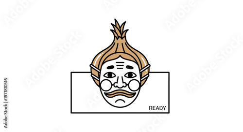 Surreal Onion Head Character with Mask and Sign