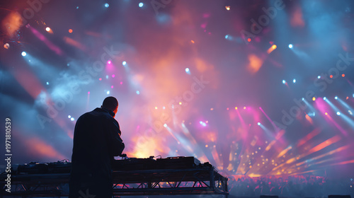 A DJ performing on stage with vibrant lights creating an electrifying atmosphere at a music festival.