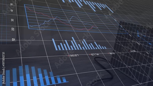 Tech dashboard animating charts on update, camera pan revealing donut 3D-grid cable showing trends