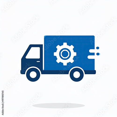 Blue truck icon with cogwheel on cargo for manufacturing delivery and repair service in vector illustration graphic design style