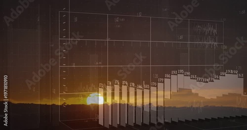 Emerging faint 3D chart rising over horizon as sun nearing skyline, bars receiving value labels