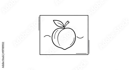 Simple Line Art Peach Icon with Stem and Leaf on White Background
