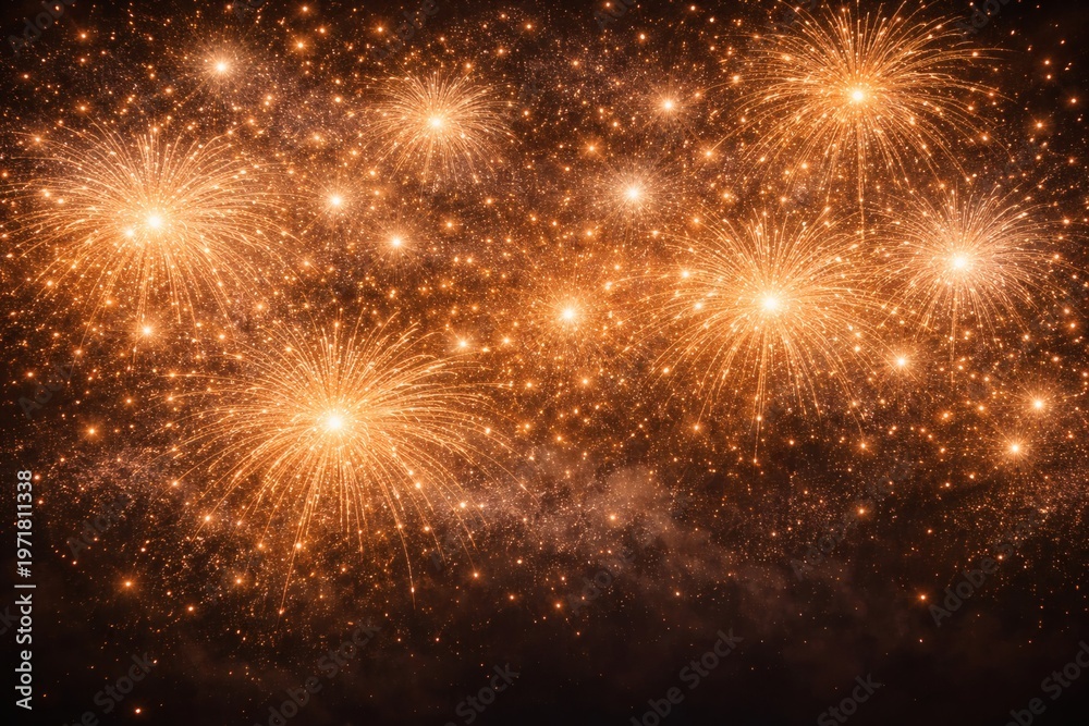 Fototapeta premium Vibrant orange fireworks exploding in night sky with sparkling lights and smoke