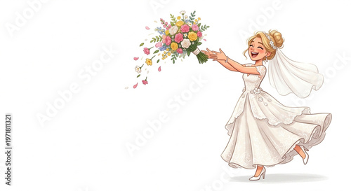 Beautiful Bride Throwing Flower Bouquet Wedding Illustration