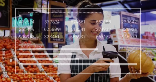 Vertical video: Produce clerk raising squash and pressing scanner in grocery HUD updating inventory