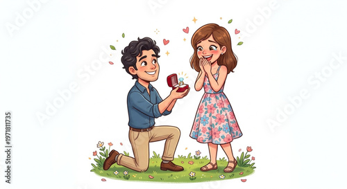 Young Man Proposing to Girlfriend with Engagement Ring Illustration