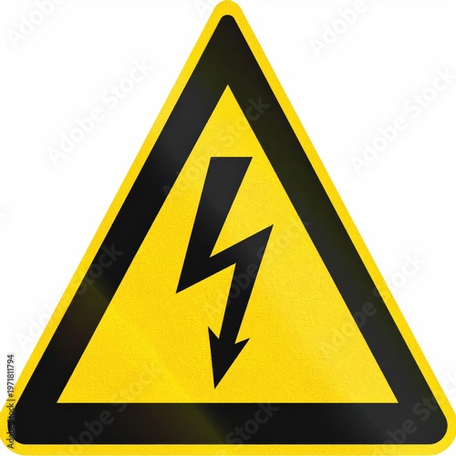 Black high voltage symbol on yellow triangle warning sign; electrical safety precaution signage indicating danger; isolated hazard alert