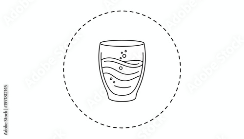 Refreshing Drink with Bubbles in a Glass, Minimalist Line Art Icon