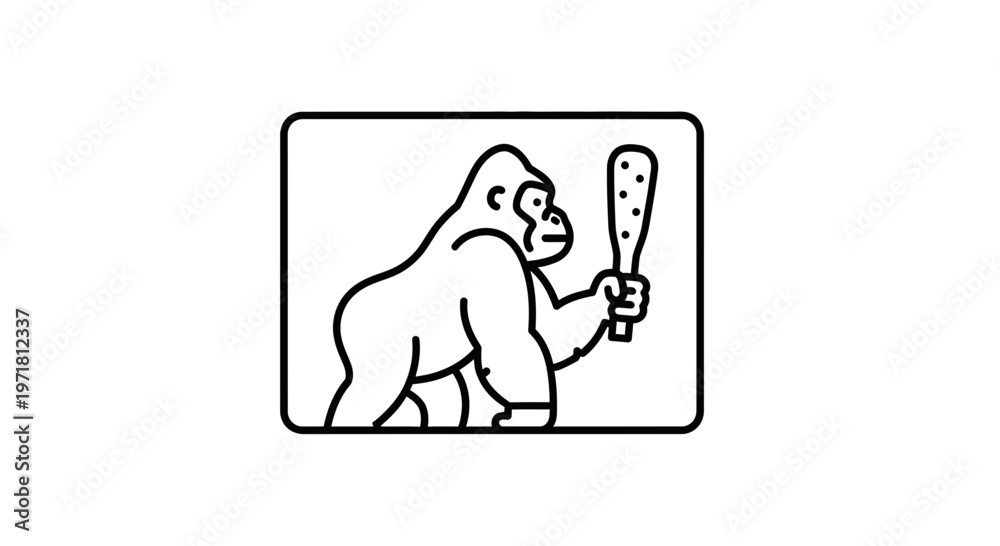 Obraz premium Primate Holding Club: Caveman Gorilla Icon, Prehistoric Animal, Evolution Concept