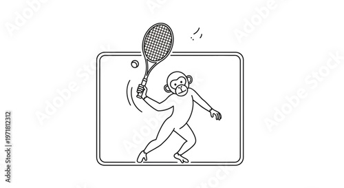 Playful Monkey Playing Tennis on Tablet Screen, Digital Art, Line Drawing