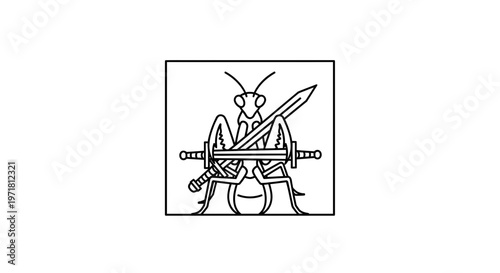 Praying Mantis Warrior with Swords, Insect Warrior Symbol, Minimalist Line Art