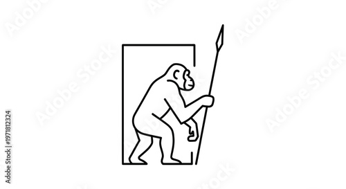 Primate holding spear inside abstract frame, evolution concept, minimalist line art