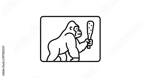 Primate Holding Club: Caveman Gorilla Icon, Prehistoric Animal, Evolution Concept