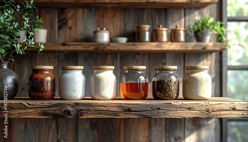 Rustic Wooden Shelves with Jars and Plants.