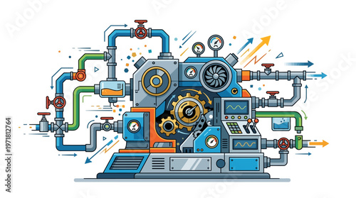 Industrial machinery with colorful pipes.