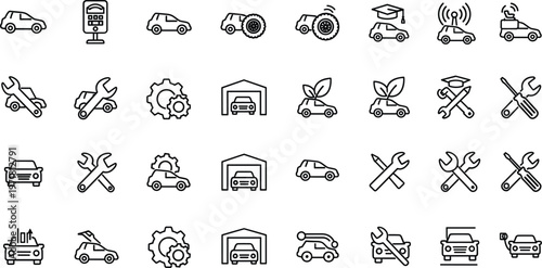 Car Icon Set Featuring Maintenance, Repair, Charging, and Eco-Friendly Symbols for Automotive Designs.