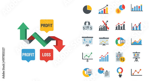 Financial Growth and Decline: Profit and Loss Arrows, Charts, and Graphs