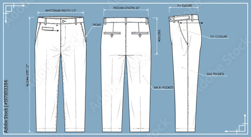 Technical drawing of men's trousers with measurements and details