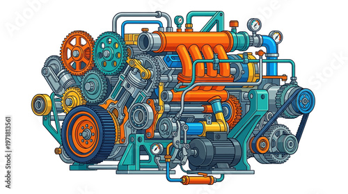 Industrial machinery with orange pipes.
