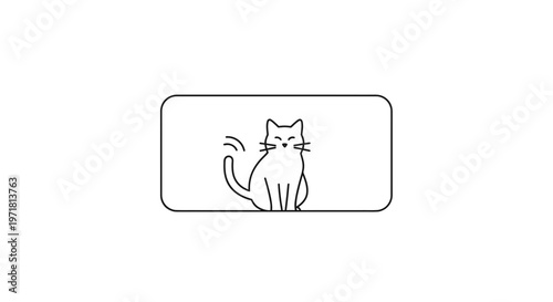 Minimalist Line Art Cat Icon with Waving Tail on White Background