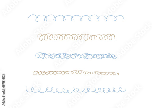 いろいろな種類のぐるぐるした手描きのラインセット1（青・茶色）